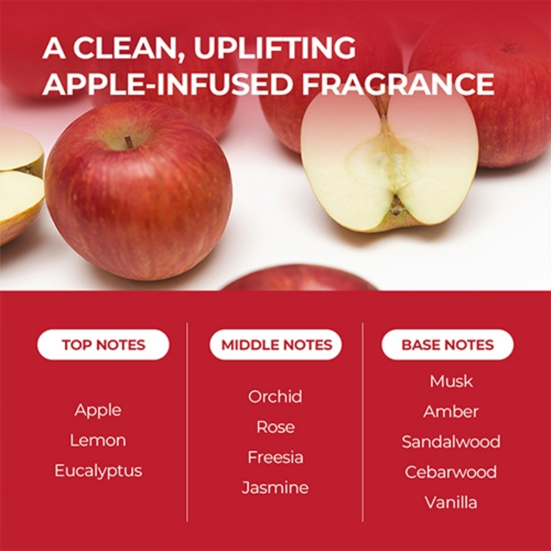 Apple-infused fragrance label showing top notes Apple, Lemon, Eucalyptus; middle notes Orchid, Rose, Freesia, Jasmine; base notes Musk, Amber, Sandalwood, Cedarwood, Vanilla.