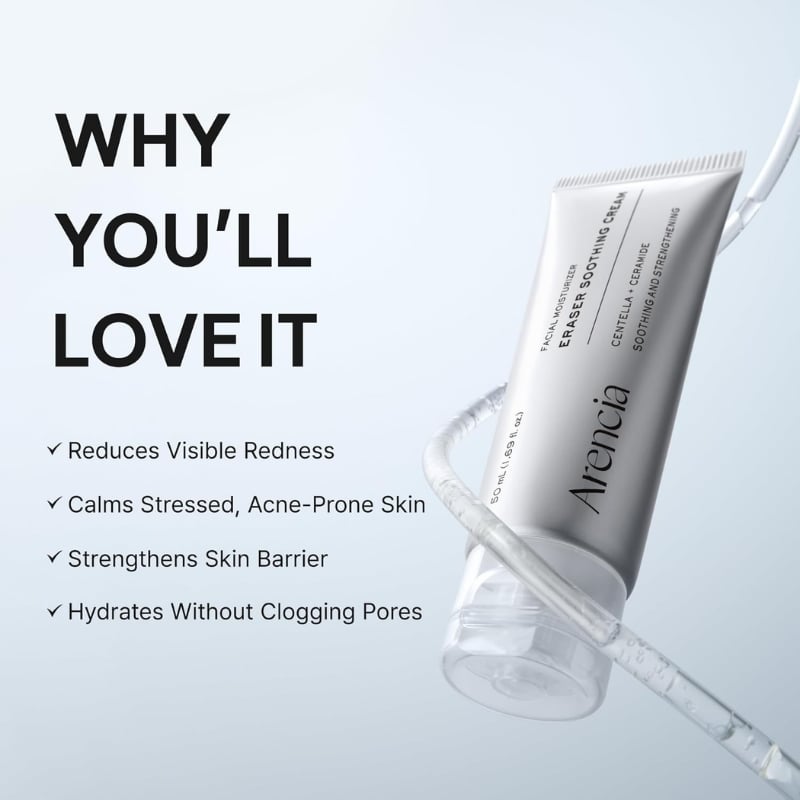 Skincare advertisement: bold 'WHY YOU'LL LOVE IT' on the left; four benefits listed: reduces visible redness, calms stressed acne-prone skin, strengthens skin barrier, hydrates without clogging pores; angled white tube with a clear dropper on the right.