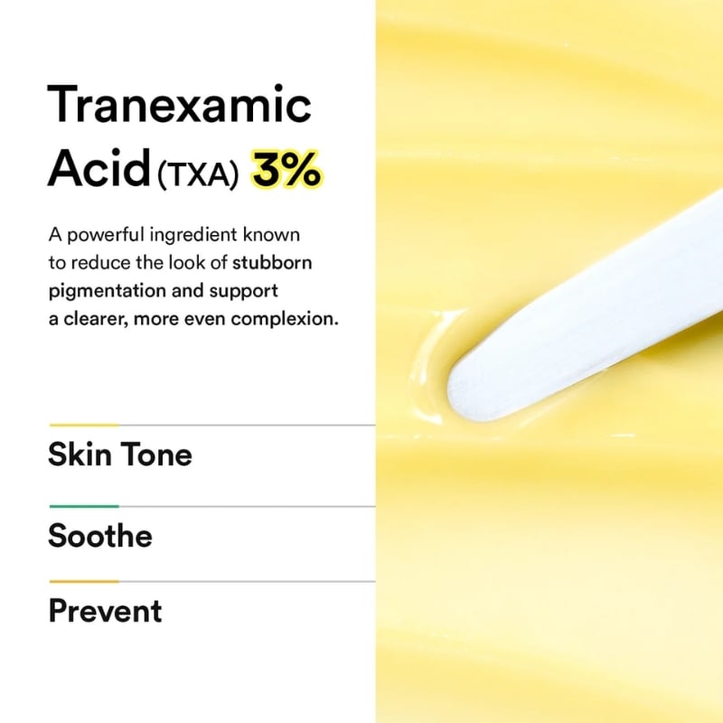 Infographic about Tranexamic Acid 3% for skin tone, with descriptive text on the left and a yellow background with a white spatula on the right; sections read Skin Tone, Soothe, Prevent.