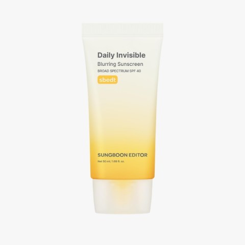 Squeeze tube of Daily Invisible Blurring Sunscreen SPF 40 (50 ml) with a white-to-yellow gradient design and orange brand logo near the top left area of the tube.