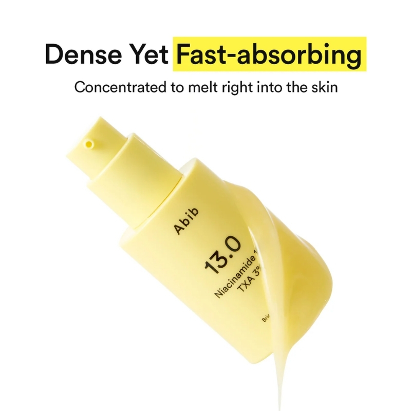 Advertising image for a dense, fast-absorbing skincare serum; yellow tube with Niacinamide label and the headline 'Dense Yet Fast-absorbing' (highlighted) and subtitle 'Concentrated to melt right into the skin'.