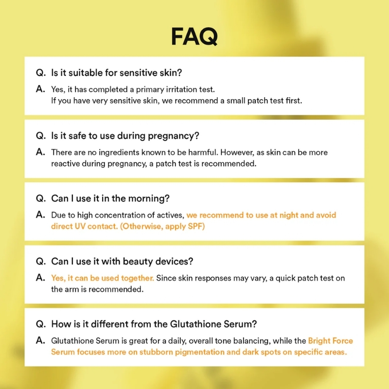 FAQ page with five white Q&A panels on a yellow background, covering sensitive skin, pregnancy safety, night use, use with beauty devices, and Glutathione Serum.