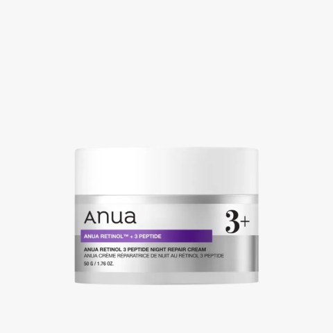Jar of Anua Retinol 3+ Night Repair Cream with purple label and silver band on white container, 50 g/1.76 oz