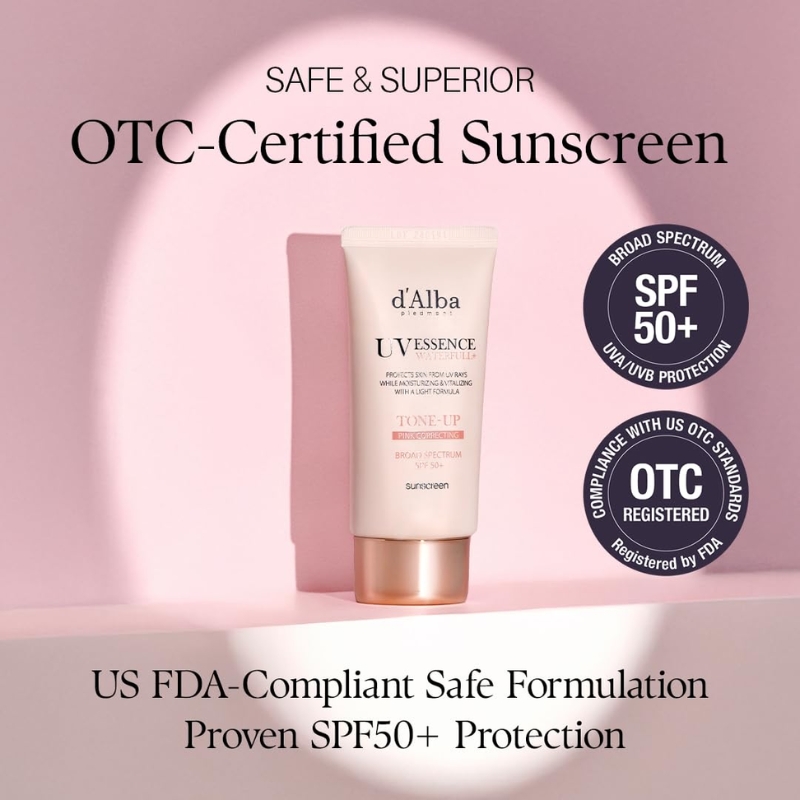 OTC-Certified sunscreen tube with SPF50+ on a pink backdrop, text reads ‘US FDA-Compliant Safe Formulation’.