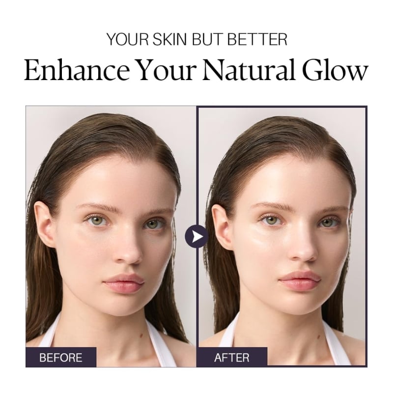 Before and after comparison of a woman's face showing a more radiant glow after skincare treatment, with labels BEFORE and AFTER.