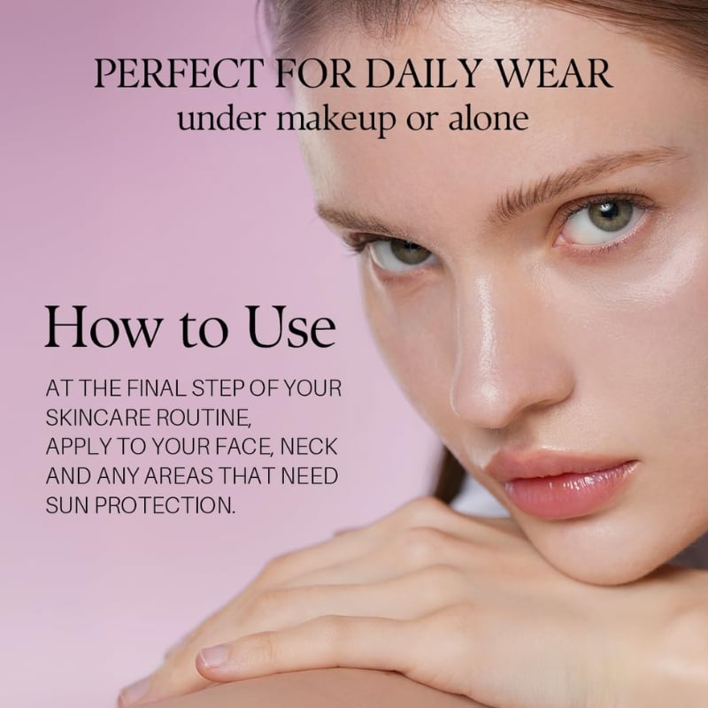 Close-up of a woman's face on a pink background; ad copy promotes daily-wear sunscreen for face and neck, used last in skincare routine.
