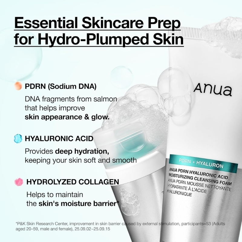Product advertisement for hydro-plumped skin; lists PDRN (Sodium DNA) for glow, hyaluronic acid for deep hydration, and hydrolyzed collagen for moisture barrier.