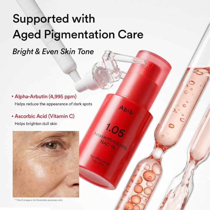 Product advertisement for aged-pigmentation care featuring a red serum bottle, glass lab tools, and a close-up of aged skin to suggest brighter, even tone benefits.