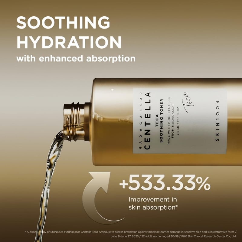Advertisement for a skincare product: golden bottle pouring liquid with the caption 'Soothing Hydration' and '+533.33% Improvement in skin absorption'