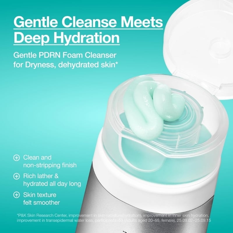 Advertisement for Gentle Cleanse Deep Hydration PDRN foam cleanser; open jar with mint foam on teal background.