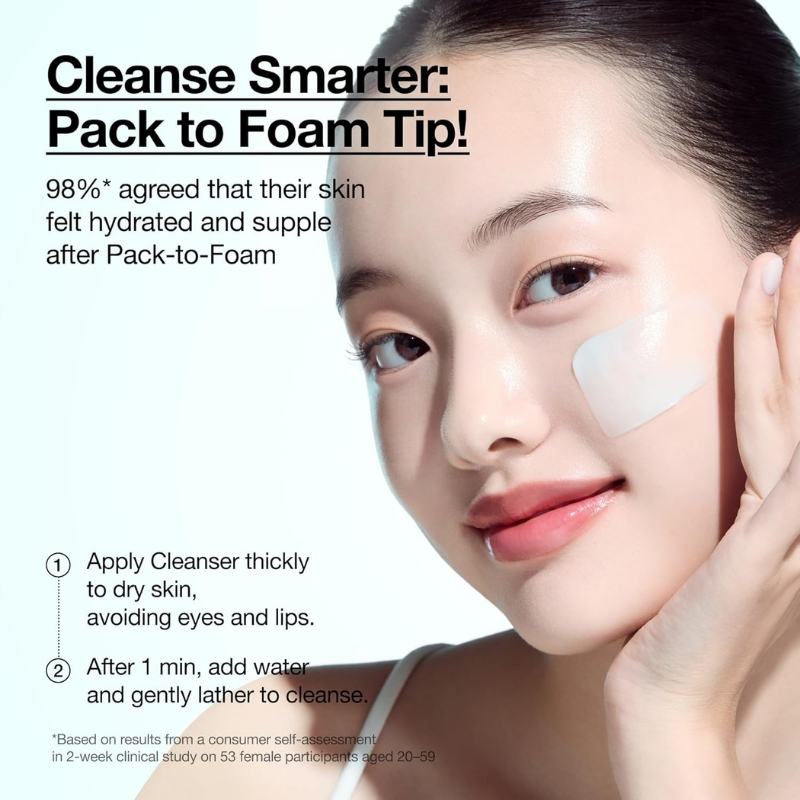 Advertisement: woman applies facial patch while headline reads 'Cleanse Smarter: Pack to Foam Tip!' and step list on left for cleansing tips