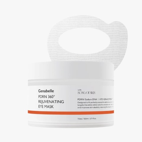 Genabelle PDRN 360° Rejuvenating Eye Mask jar with orange stripe and a white fitting eye mask in the background