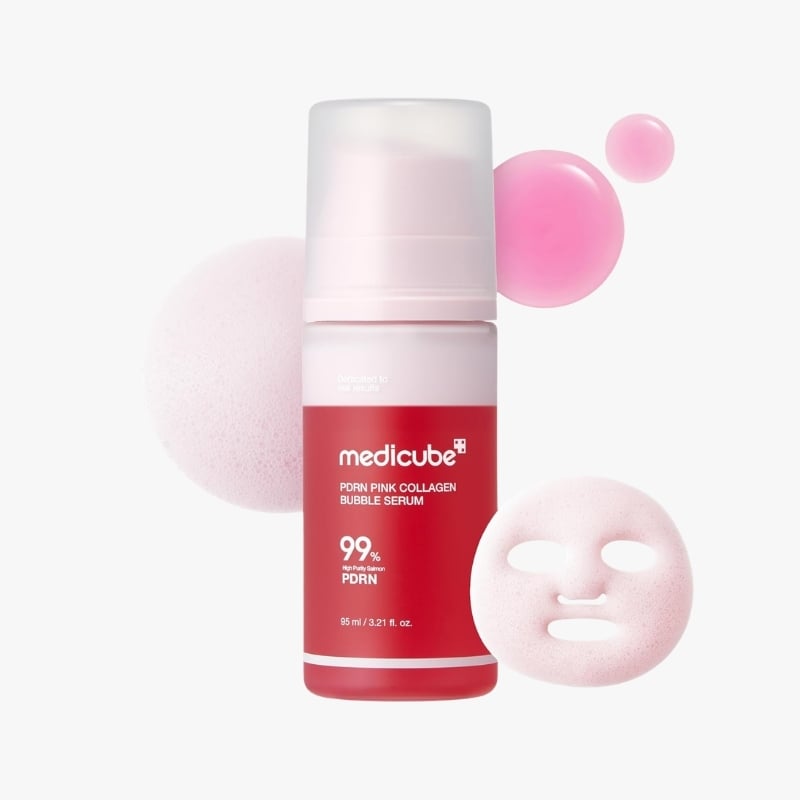 Medicube pink collagen bubble serum bottle with a pink sponge and floating bubbles for skincare.