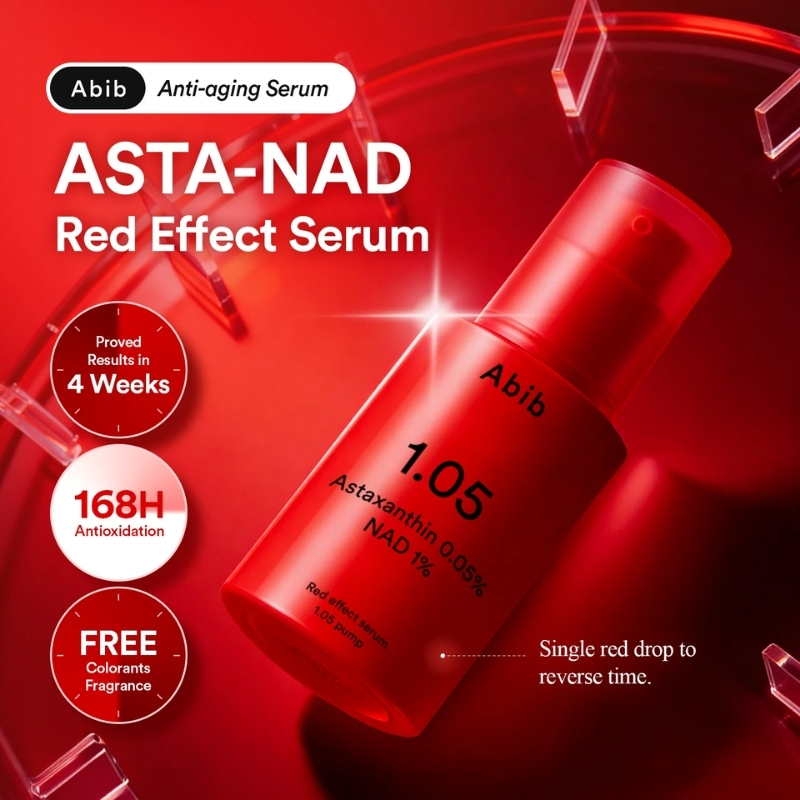 A red serum bottle labeled Abib 1.05, with bold product name ASTA-NAD Red Effect Serum on a red background.