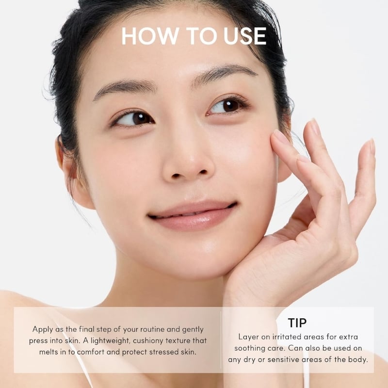 Close-up of a woman applying skincare to her cheek; overlayed with 'HOW TO USE' and 'TIP' panels about final step and soothing care.