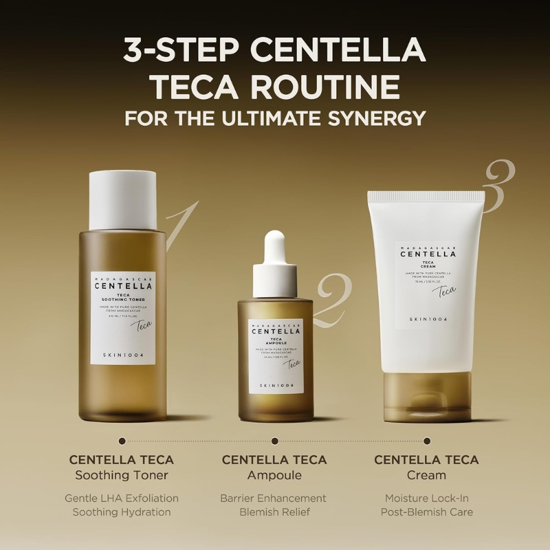 Infographic of a 3-step Centella Teca routine: Toner, Ampoule, and Cream on a gradient background with step numbers 1–3 and brief benefits.