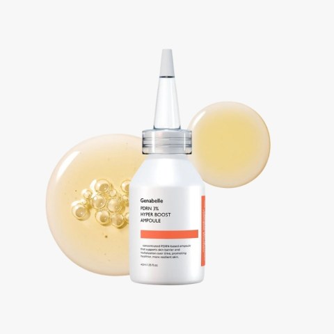Skincare ampoule bottle with a dropper and orange label stripe, set against abstract beige gel blobs in the background (Genabelle PDRN 3% Hyper Boost Ampoule).