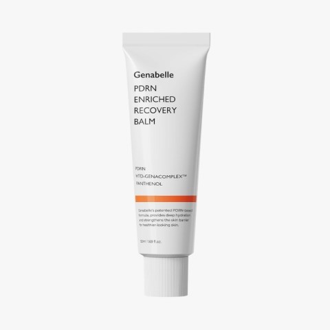 Tube of Genabelle PDRN Enriched Recovery Balm for skin; white packaging with an orange stripe and the brand name visible.