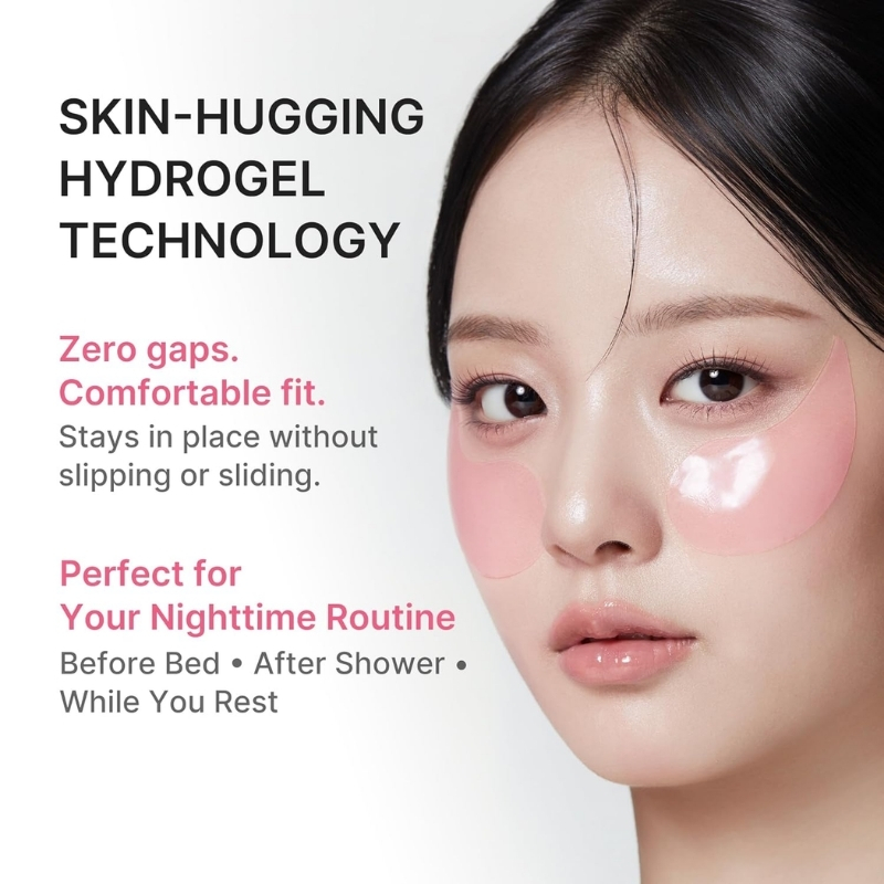 Woman wearing pink under-eye hydrogel patches; ad copy highlights zero gaps and nighttime use.
