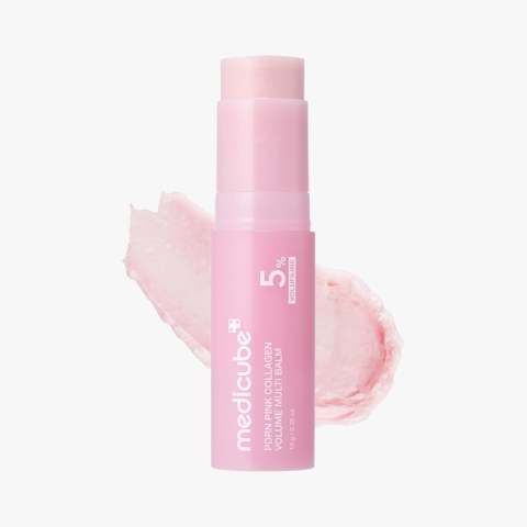 Pink balm tube with cap labeled PDRN Pink Collagen Volume Multi Balm, 5% Volume Line, with a pink cream smear in the background.